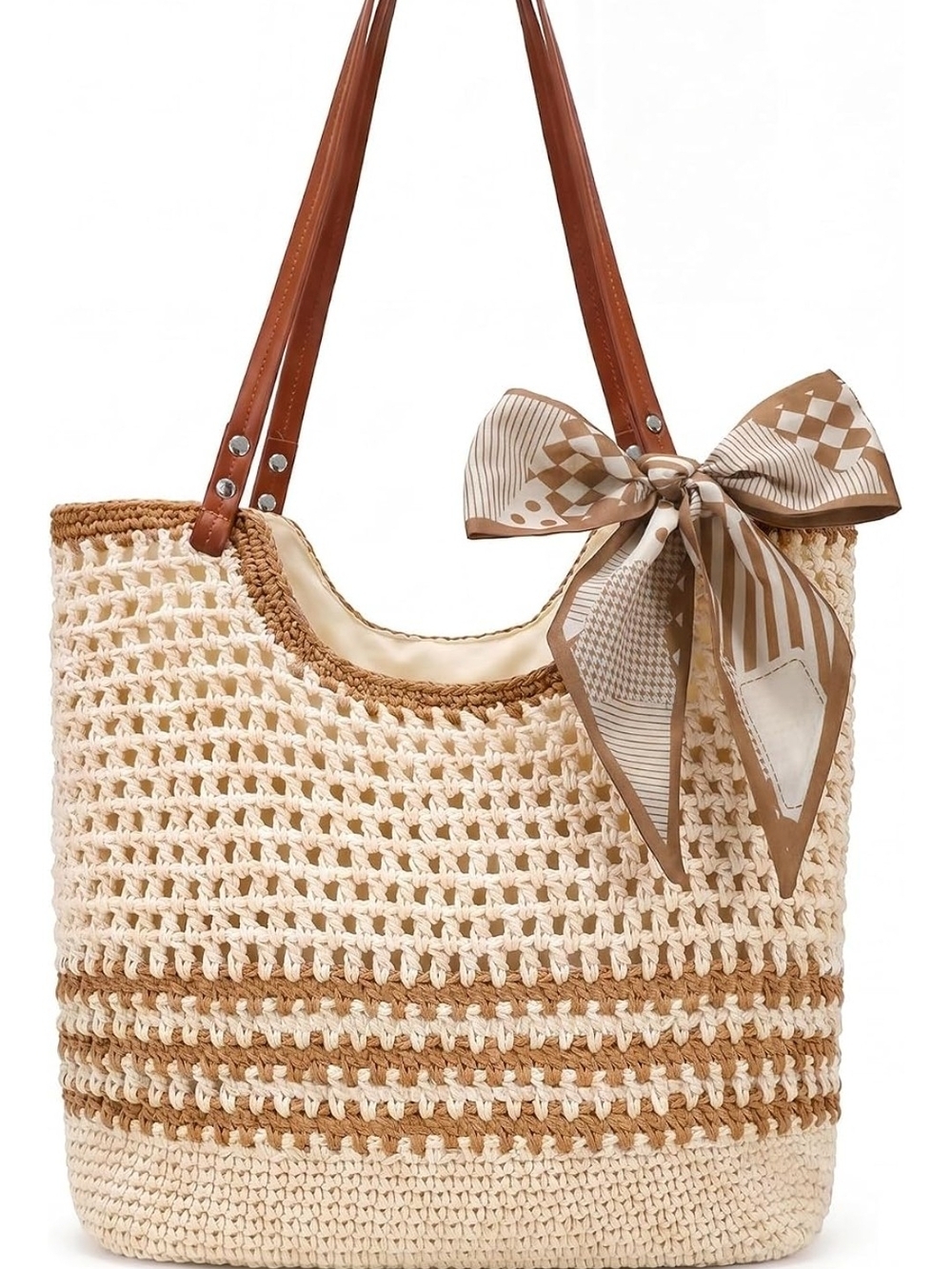Neutral Crochet Tote Bag with Bow Accent